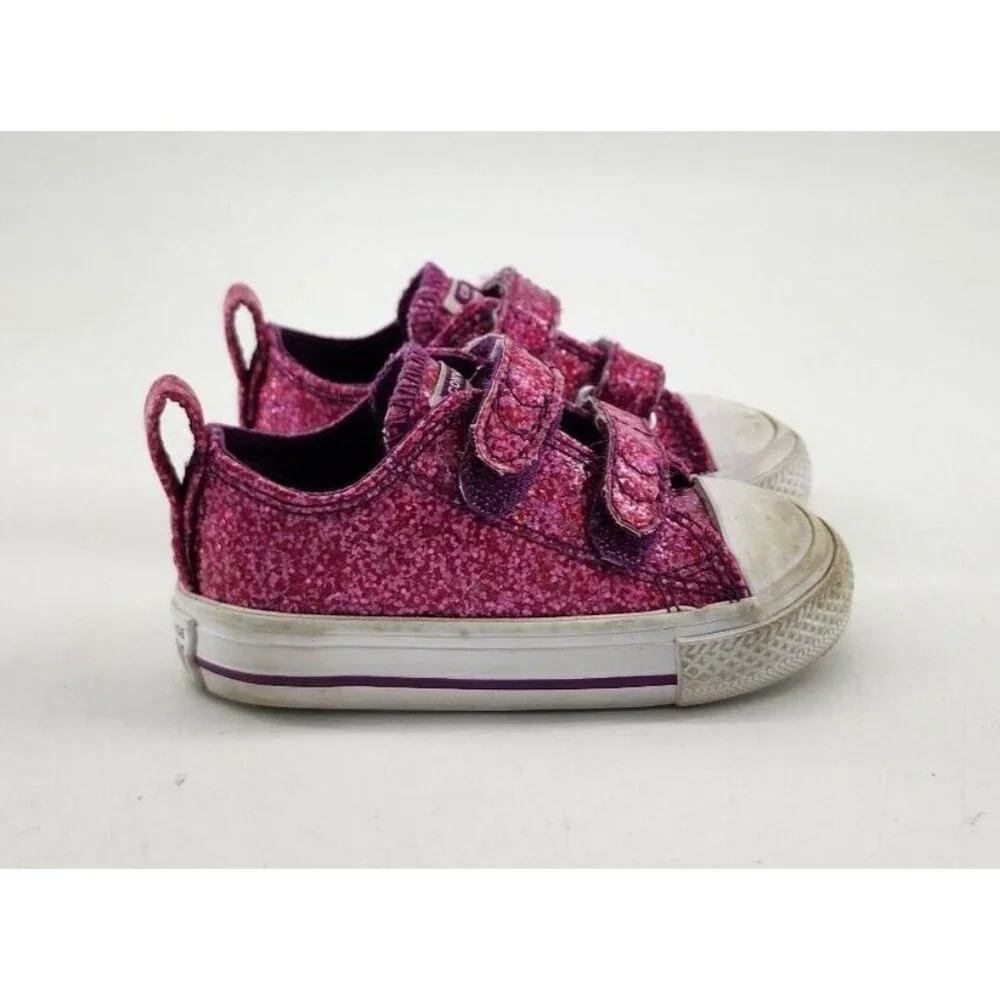 CONVERSE All Star Girls Shoes Hook & Loop Pink Coated‎ Canvas Glitter Size 4